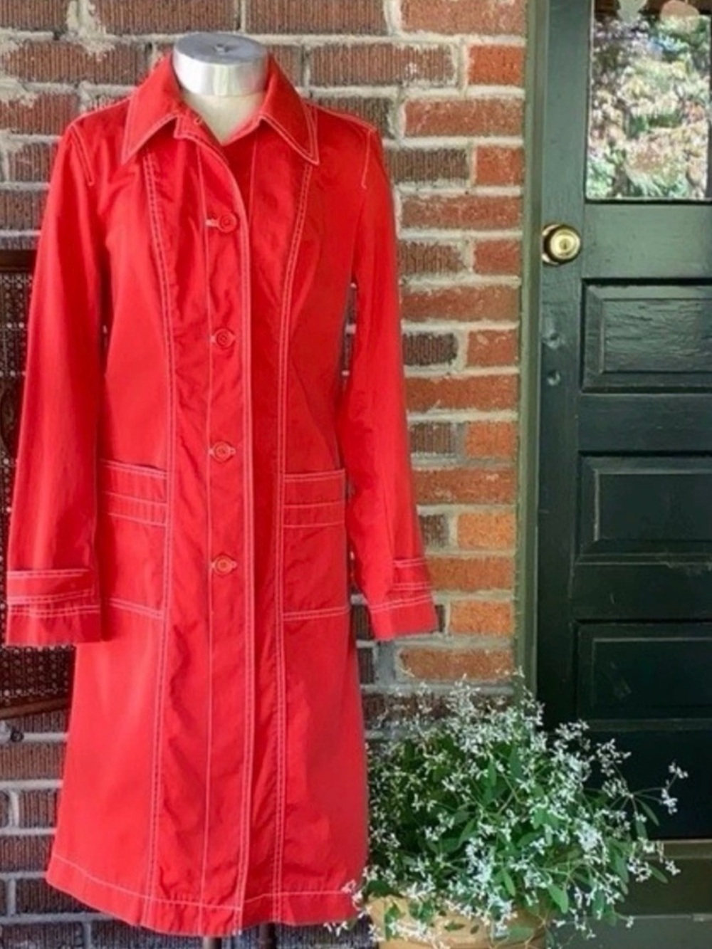 DKNYC Red Long Trench Coat with Contrast Topstitch